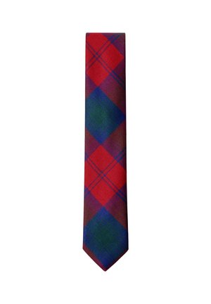 Stropdas met een rood, blauw, groen en paars ruitpatroon op een witte achtergrond, plat weergegeven met een puntige punt onderaan.