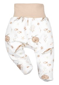 Lightweight cotton pants featuring a beige waistband, printed with aquatic designs, including turtles, fish, and coral in neutral tones.