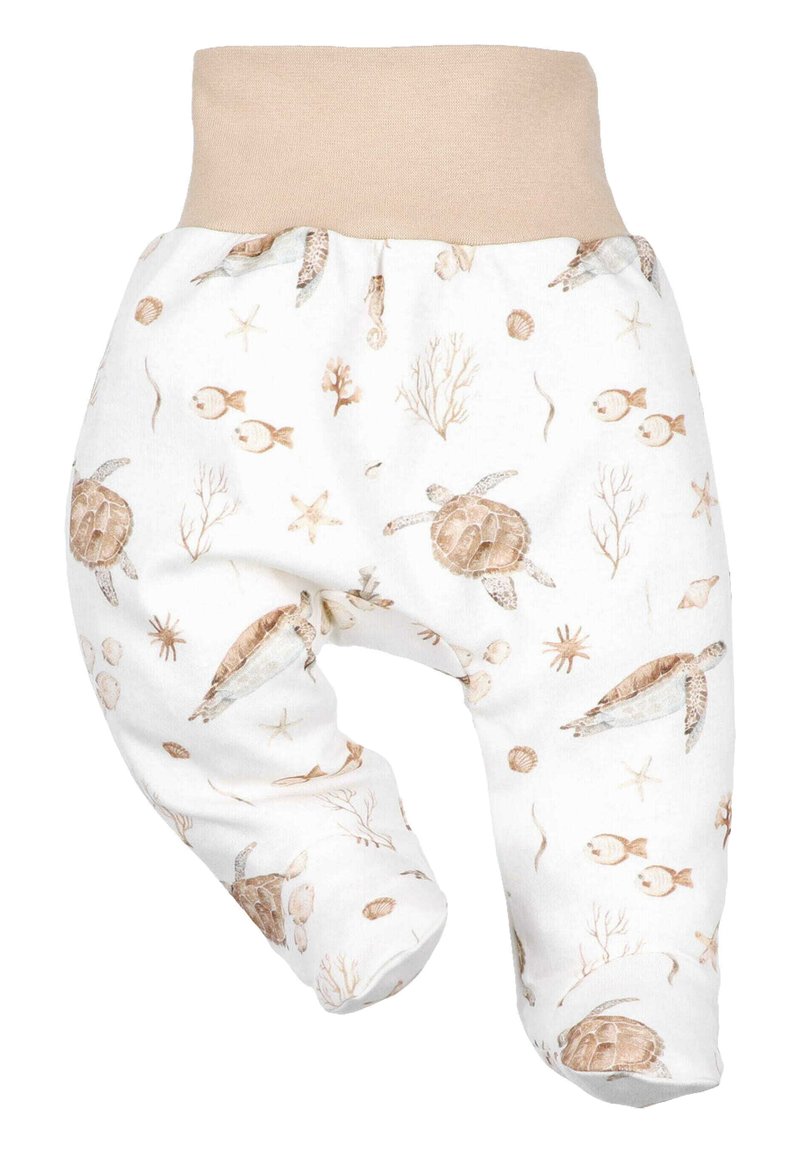 Lightweight cotton pants featuring a beige waistband, printed with aquatic designs, including turtles, fish, and coral in neutral tones.