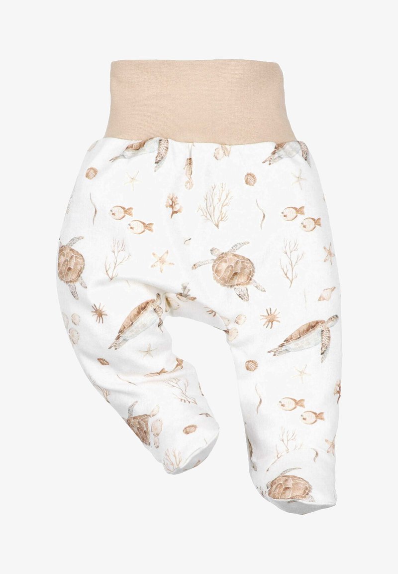 Lightweight cotton pants featuring a beige waistband, printed with aquatic designs, including turtles, fish, and coral in neutral tones.