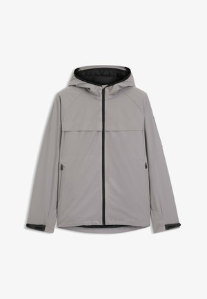 Chaqueta con capucha de color gris claro con cremallera frontal negra, bolsillos laterales con cremallera y correas ajustables en las muñecas, mostrada extendida sobre fondo blanco.