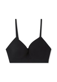 Top nero senza fili con un tessuto morbido e elastico. Presenta bretelle regolabili, una forma a triangolo delle coppe e un elastico per il sostegno.