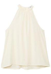 Haut sans manches couleur crème avec un col montant froncé, une coupe ample et un ourlet incurvé, fabriqué dans un tissu lisse.