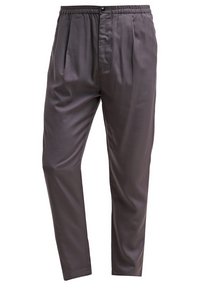Pantalon habillé pour homme gris foncé avec ceinture élastique, bouton à l'avant et détails plissés sur fond blanc.