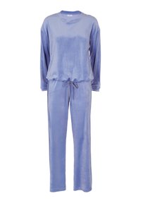 Set di abbigliamento da casa in velluto blu, caratterizzato da maniche lunghe, scollatura rotonda e vita elasticizzata con cordoncino. Tessuto morbido e vestibilità casual.