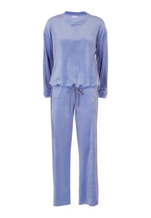 Set di abbigliamento da casa in velluto blu, caratterizzato da maniche lunghe, scollatura rotonda e vita elasticizzata con cordoncino. Tessuto morbido e vestibilità casual.