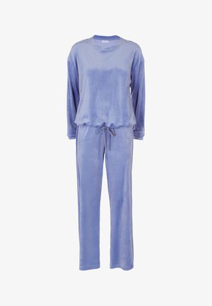 Set di abbigliamento da casa in velluto blu, caratterizzato da maniche lunghe, scollatura rotonda e vita elasticizzata con cordoncino. Tessuto morbido e vestibilità casual.