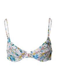 Bikini-top met bloemenpatroon en verstelbare banden. Kenmerkt zich door een mix van blauwe, roze en groene bloemen op een lichte achtergrond. Zachte stof.