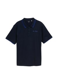 Marineblauwe poloshirt van ademend materiaal, met een tweeknoopsluiting, contrasterende blauwe kraag en mouwafwerking, en geborduurd logo.