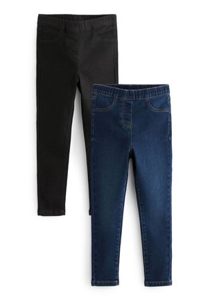 Deux paires de jeans skinny pour femmes, un noir et un bleu foncé, tous deux avec des ceintures élastiques et des poches avant.
