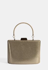 Metalen rechthoekige handtas met een gestructureerd oppervlak, goudkleurige afwerking en een gevlochten handvat. Voorzien van een sluiting aan de bovenkant.