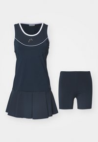 Navy blue athletic dress with a pleated skirt, white trim, and matching shorts. Made of lightweight fabric with a fitted design and round neckline.