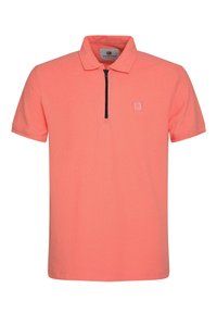 Korallipink värvi lühikeste varrukatega polo särk tekstuuriga kangast, poolsipiga ees ja väike logotempel rinnal. Klassikaline kraedisain.