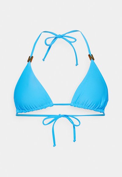 Blå bikinitopp med trekantede kopper, justerbare bånd og en samlet tekstur. Har detaljer i gullfarge. Glatt, elastisk materiale.