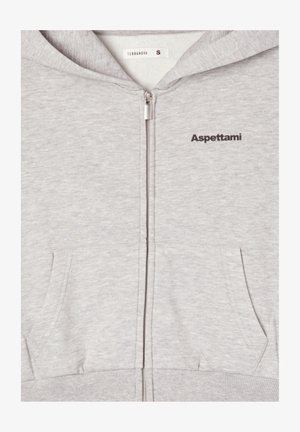 Jasnoszara bluza zapinana na zamek z przednimi kieszeniami, kapturem i napisem "Aspettami" wydrukowanym na czarno na piersi, rozmiar mały od Terranova.