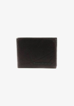 Brown leather wallet with a bi-fold design, featuring a smooth texture and subtle logo on the front. Minimalist style with rounded edges.