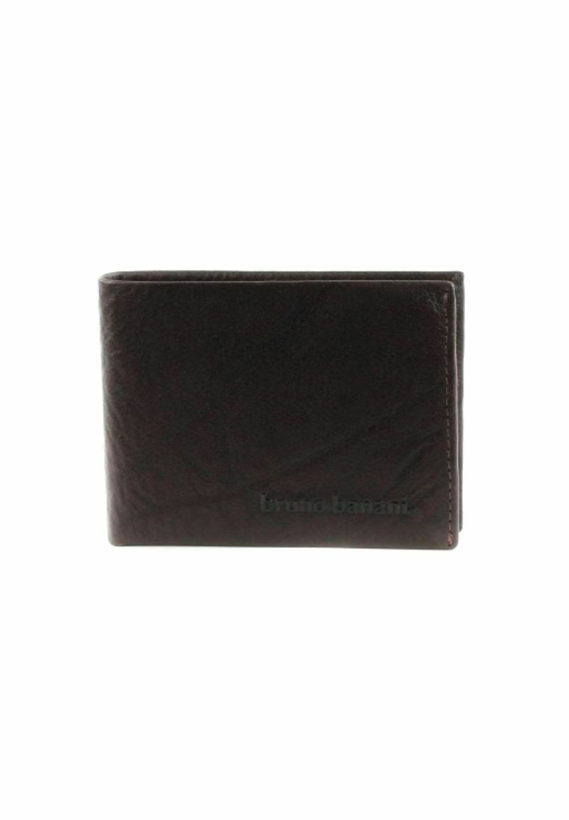 Portefeuille en cuir marron avec un design pliable en deux, présentant une texture lisse et un logo discret à l'avant. Style minimaliste avec des bords arrondis.