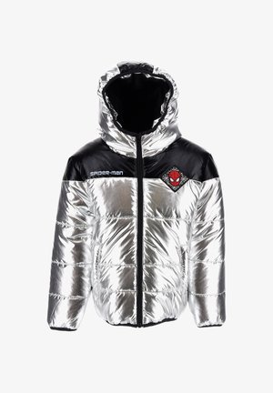 Silver puffy jacket with black accents, hood, front zipper, and Spider-Man emblem on the chest. Smooth, shiny texture with quilted design.