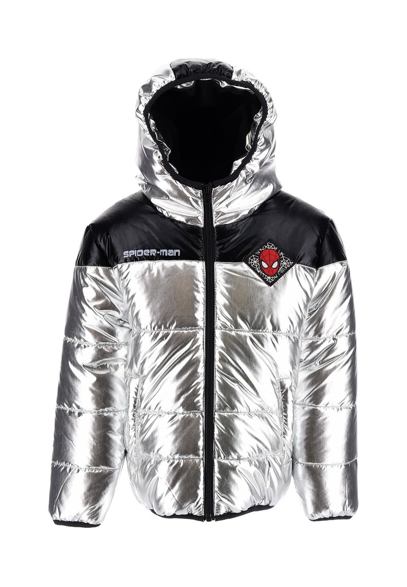 Silver puffy jacket with black accents, hood, front zipper, and Spider-Man emblem on the chest. Smooth, shiny texture with quilted design.