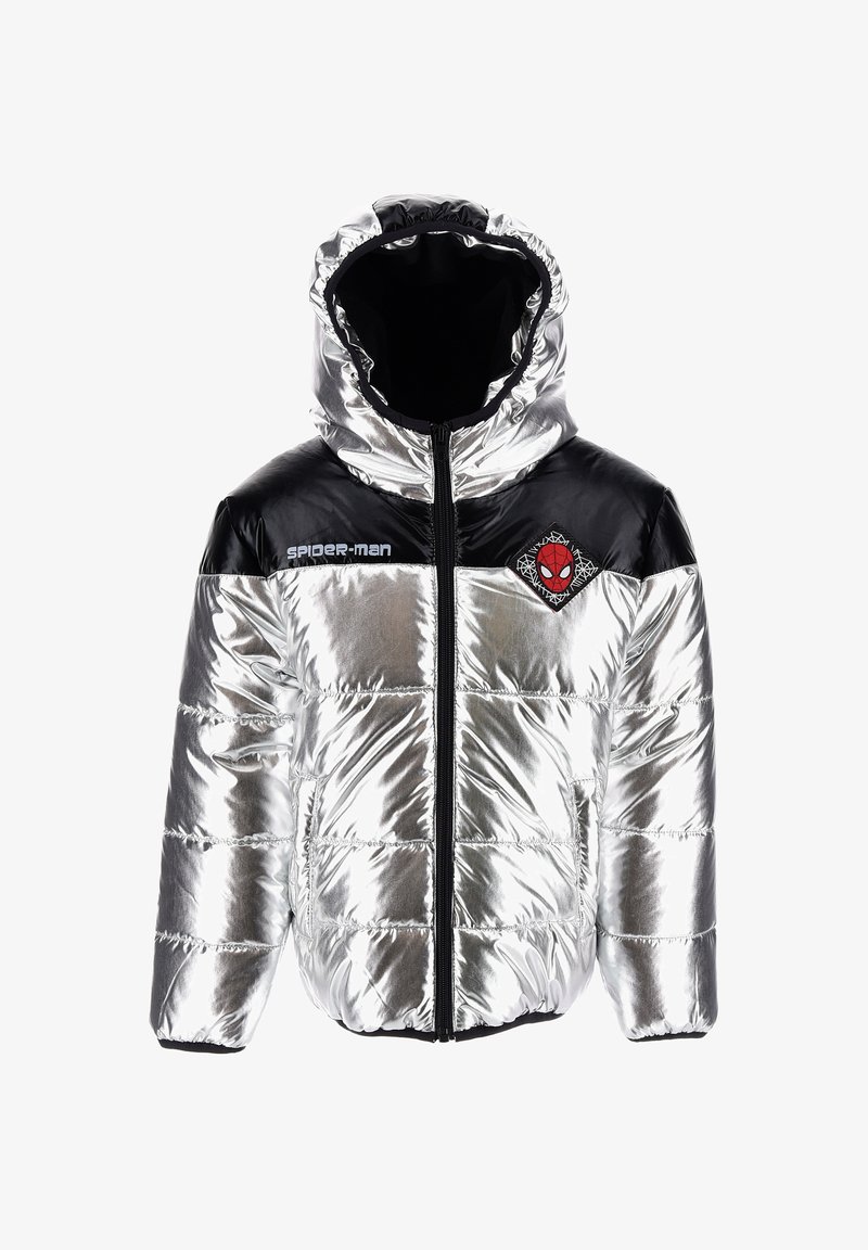 Silver puffy jacket with black accents, hood, front zipper, and Spider-Man emblem on the chest. Smooth, shiny texture with quilted design.