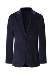 Blazer de pana azul marino con solapa muesca, cierre de dos botones y dos bolsillos frontales. Tejido texturizado con sutiles estrías.