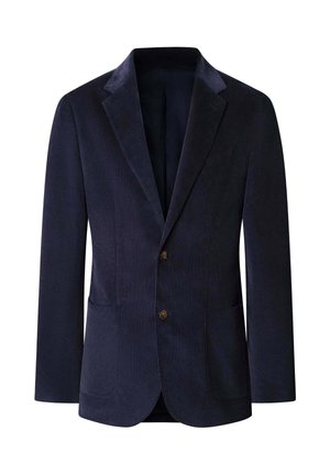 Blazer de pana azul marino con solapa muesca, cierre de dos botones y dos bolsillos frontales. Tejido texturizado con sutiles estrías.