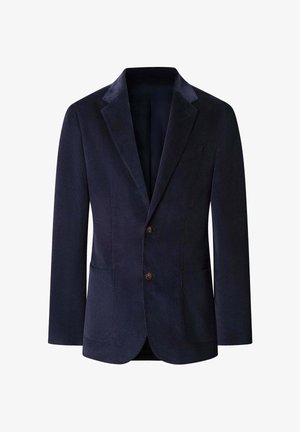 Blazer in velluto a coste blu navy con revers a punta, chiusura a due bottoni e due tasche frontali. Tessuto testurizzato con leggere scanalature.