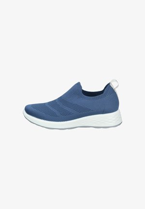 Blue knitted slip-on shoes with a textured upper, featuring a white midsoles and a small heel. No visible laces or fasteners.