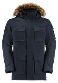 Parka bleu marine avec une capuche doublée de fausse fourrure, plusieurs poches avant et un tissu résistant. Comprend une fermeture éclair et des poignets élastiques.