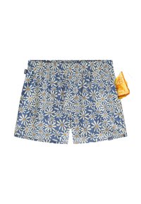 Costume da bagno floreale con sfondo blu, caratterizzati da margherite bianche con centri arancioni. Vita elasticizzata e una fetta di pane tostato nella tasca.