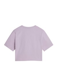 Kort lavendelfarvet cropped t-shirt med korte ærmer og rund halsudskæring, lavet af blødt bomuldsstof, glat tekstur og minimale syningsdetaljer.