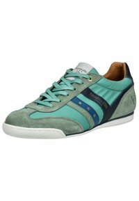 Green suede and fabric sneaker with blue and navy accents, featuring a white sole and gold hardware, branded with "Pantofola d'Oro."