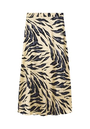 Una falda de longitud media con un fondo beige y rayas de tigre negras. Está hecha de una tela suave con un ligero brillo y una textura suave.