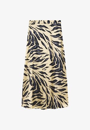 Une jupe longueur genou avec un fond beige et des rayures de tigre noires. Réalisée en tissu lisse avec un léger éclat et une texture douce.