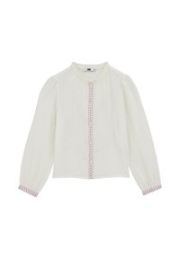 Bílá blůza s dlouhým rukávem a kulatým výstřihem, se zapínáním na knoflíky a růžovým vyšívaným lemováním podél přední části a manžet. Měkká, strukturovaná látka.