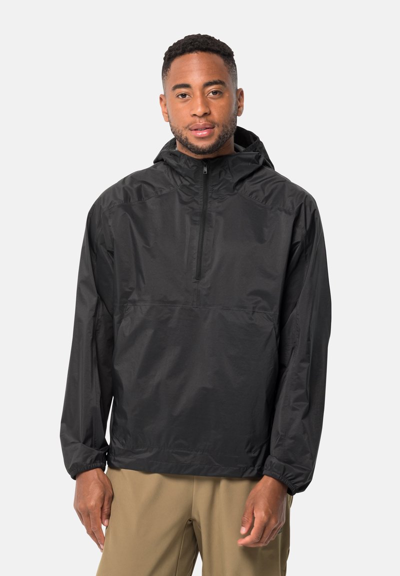Schwarze leichte Pulloverjacke mit einem halben Reißverschluss auf der Vorderseite, elastischen Bündchen, verstellbarem Kapuzen und glatter, wasserabweisender Textur.