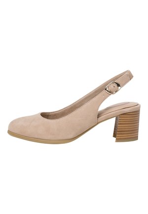 Beżowe damskie buty na obcasie typu slingback wykonane z zamszu, z zaokrąglonym noskiem, regulowanym paskiem z pozłacaną klamrą oraz niskim, szerokim obcasem.