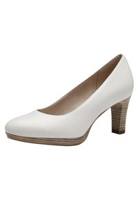 Escarpin en cuir blanc à talon haut avec un bout rond et un talon en bois à motif marbré. Texture lisse et design minimaliste.