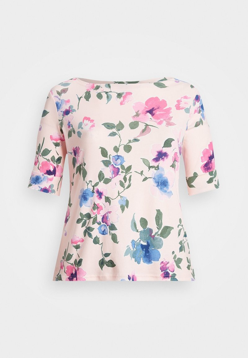 Floral short-sleeve top in light pink, featuring watercolor-style blue and pink flowers with green leaves. Soft cotton blend fabric.