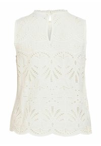 Blouse blanche sans manches avec motif en dentelle œillets floraux, ourlet festonné et fermeture par bouton à trou à l'arrière du col.
