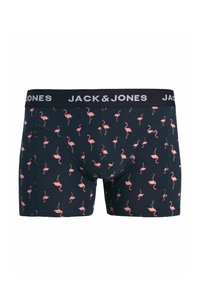 Granatowe bokserki z czarną gumą w pasie z napisem "JACK & JONES" oraz wzorem różowych flamingów na całej powierzchni. Wykonane z miękkiego materiału.