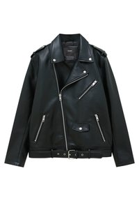 Veste biker en similicuir noir avec fermetures éclair argentées sur les poches avant, fermeture zippée asymétrique, épaulettes et taille cintrée par une ceinture.