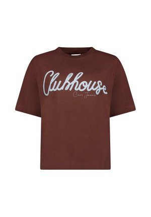 Bruin T-shirt met korte mouwen met lichtblauwe cursieve tekst "Clubhouse" en kleinere tekst "Cars Jeans" daaronder op de borst.