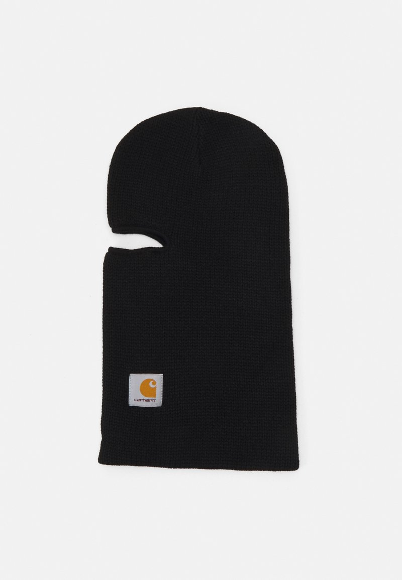 Crni pleteni balaklava s otvorom za lice. Ima tkanu teksturu i malu narančasto-bijelu oznaku Carhartt s strane.