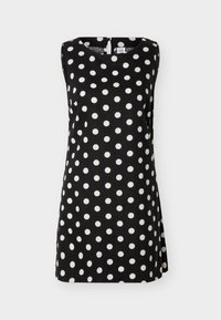 Μαύρο αμάνικο φόρεμα με λευκές πουά βούλες, στρογγυλή λαιμόκοψη και μικρό κουμπί στο πίσω μέρος, απεικονίζεται σε απλό φόντο.