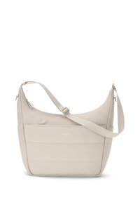 Bolso bandolera beige con correa ajustable, bolsillo delantero con cremallera y discreto logo en el centro.