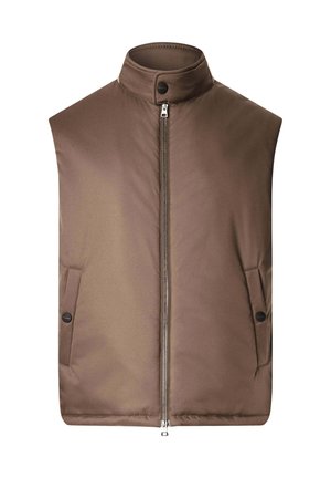 Bruine, mouwloze vest gemaakt van gladde stof, met een hoge kraag, een ritssluiting aan de voorkant en twee zijzakken met drukknoopsluitingen.