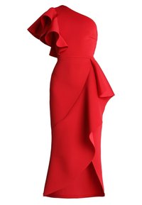 Vestito rosso monospalla in tessuto liscio, con un dettaglio di balza su una spalla e un drappeggio sul davanti, dalla silhouette aderente.