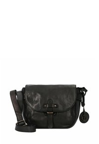 Borsa a tracolla nera in pelle con chiusura a patta, tracolla regolabile e un pendente decorativo a forma di ancora. Presenta una superficie liscia e sottili dettagli in metallo.