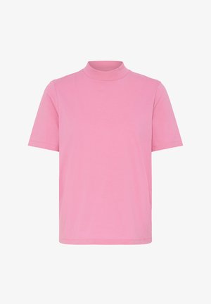 Rövid ujjú, világos rózsaszín pamut póló, magasított nyakú kialakítással és egyenes szabással, sima textúrával, minta vagy díszítés nélkül.